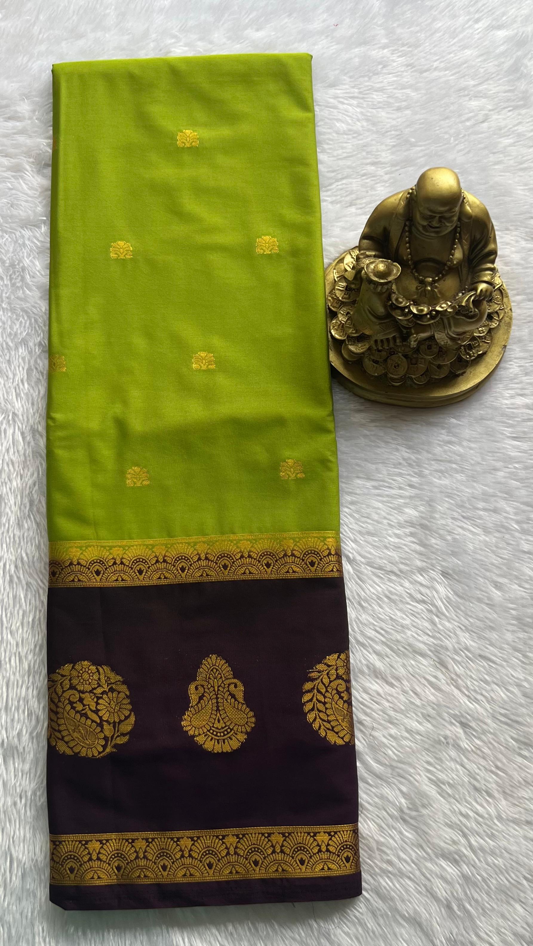 Semi  Mysore Silk Small Flower Butta And Double Mango With Betex Border, Washable