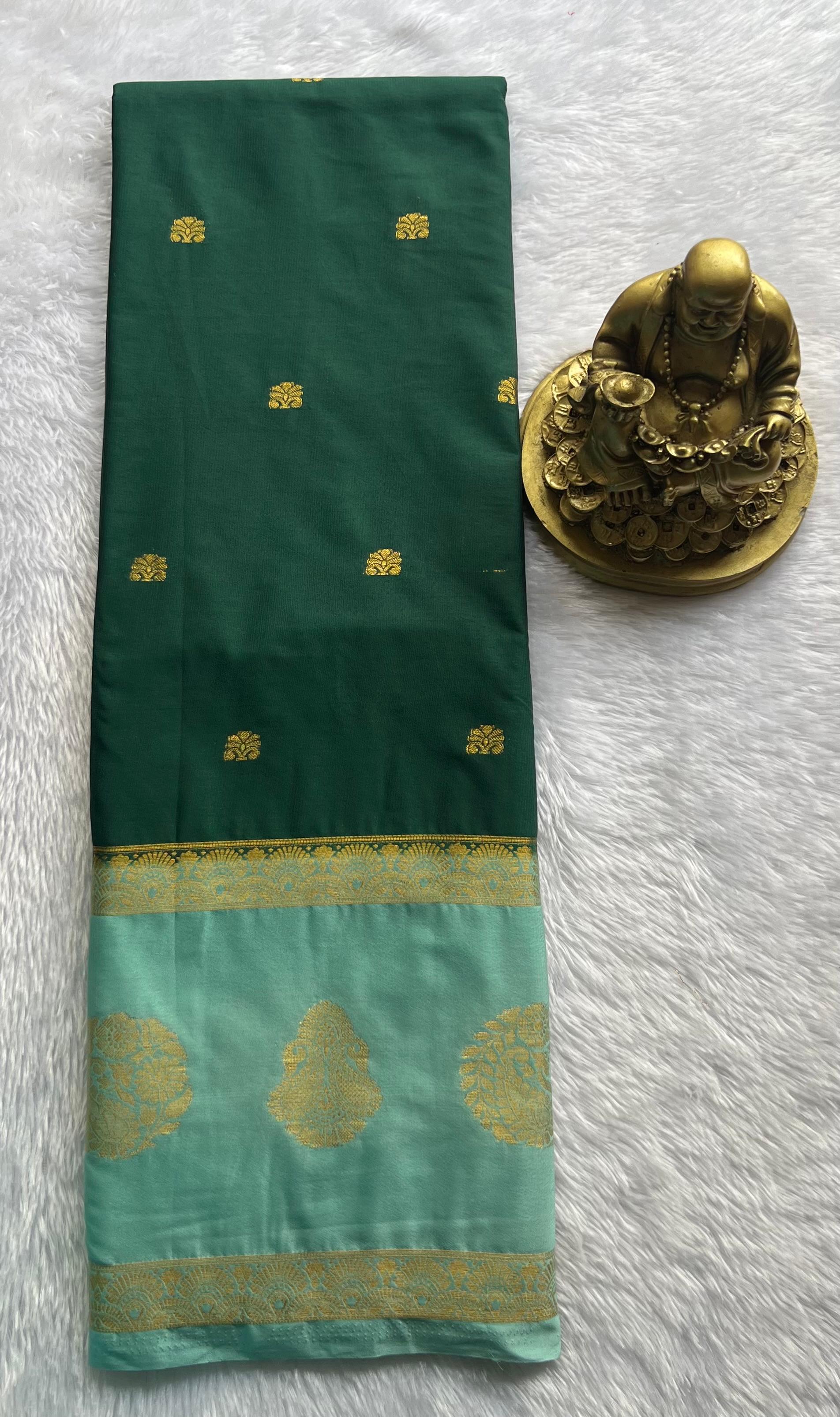 Semi  Mysore Silk Small Flower Butta And Double Mango With Betex Border, Washable