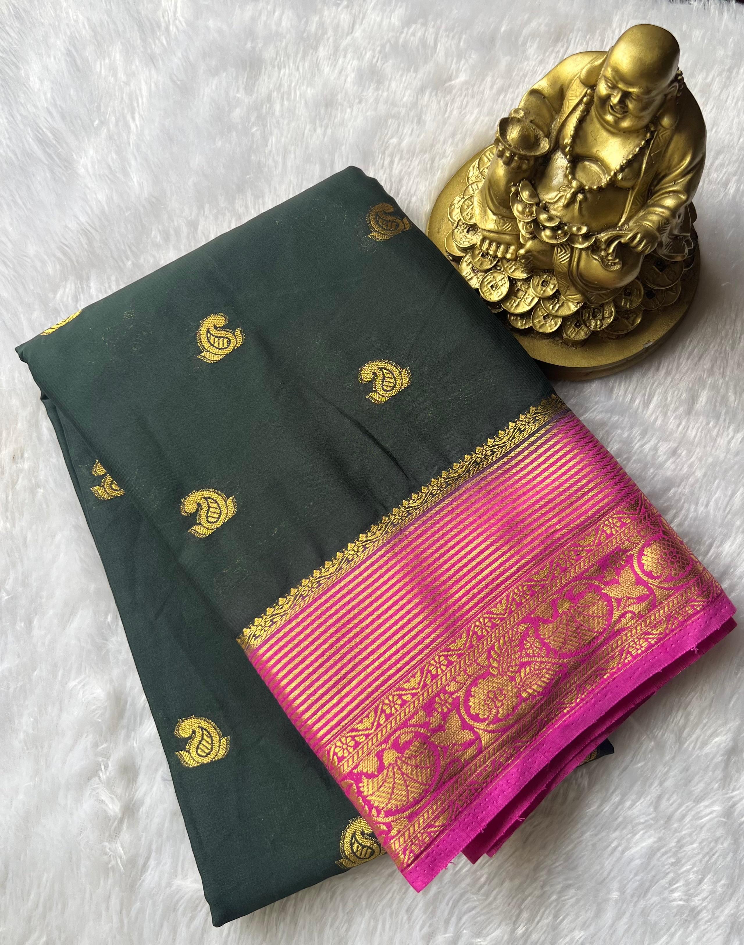 Semi Mysore Slik Small Mango Butta With Gold Zari Strip Border