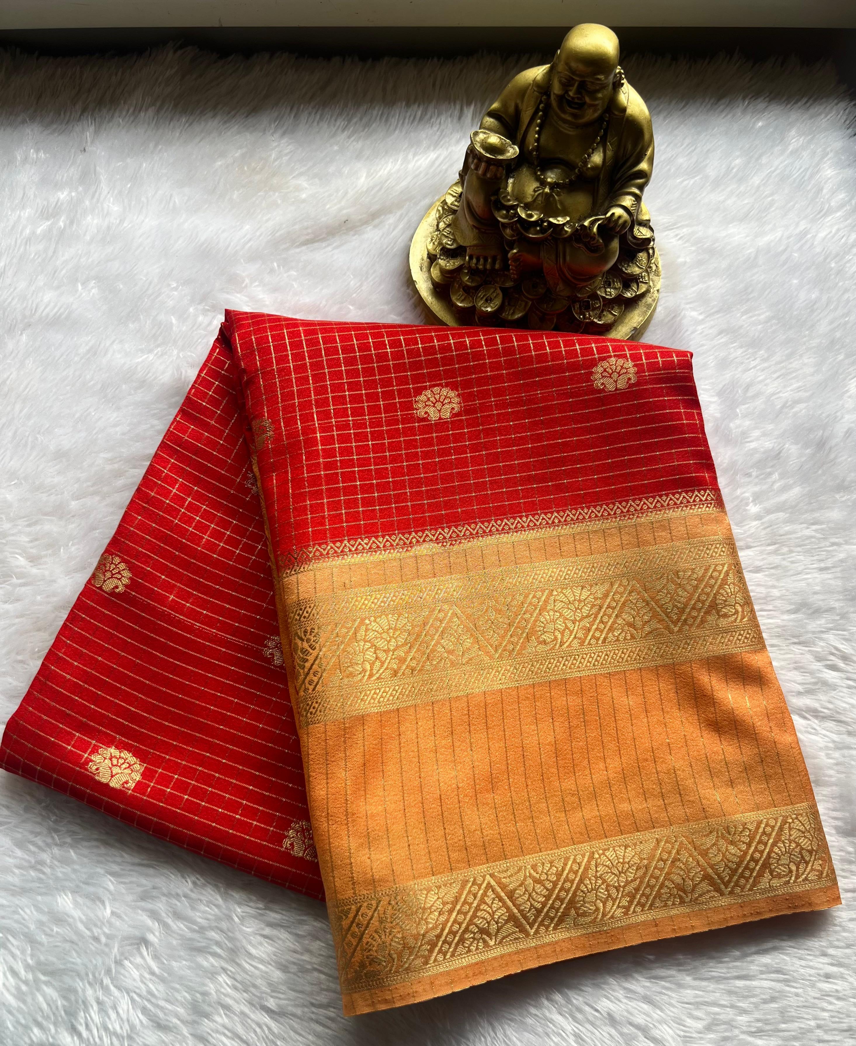 Semi Mysore Silk Small Checks Small Butta With Betex Border, Washable