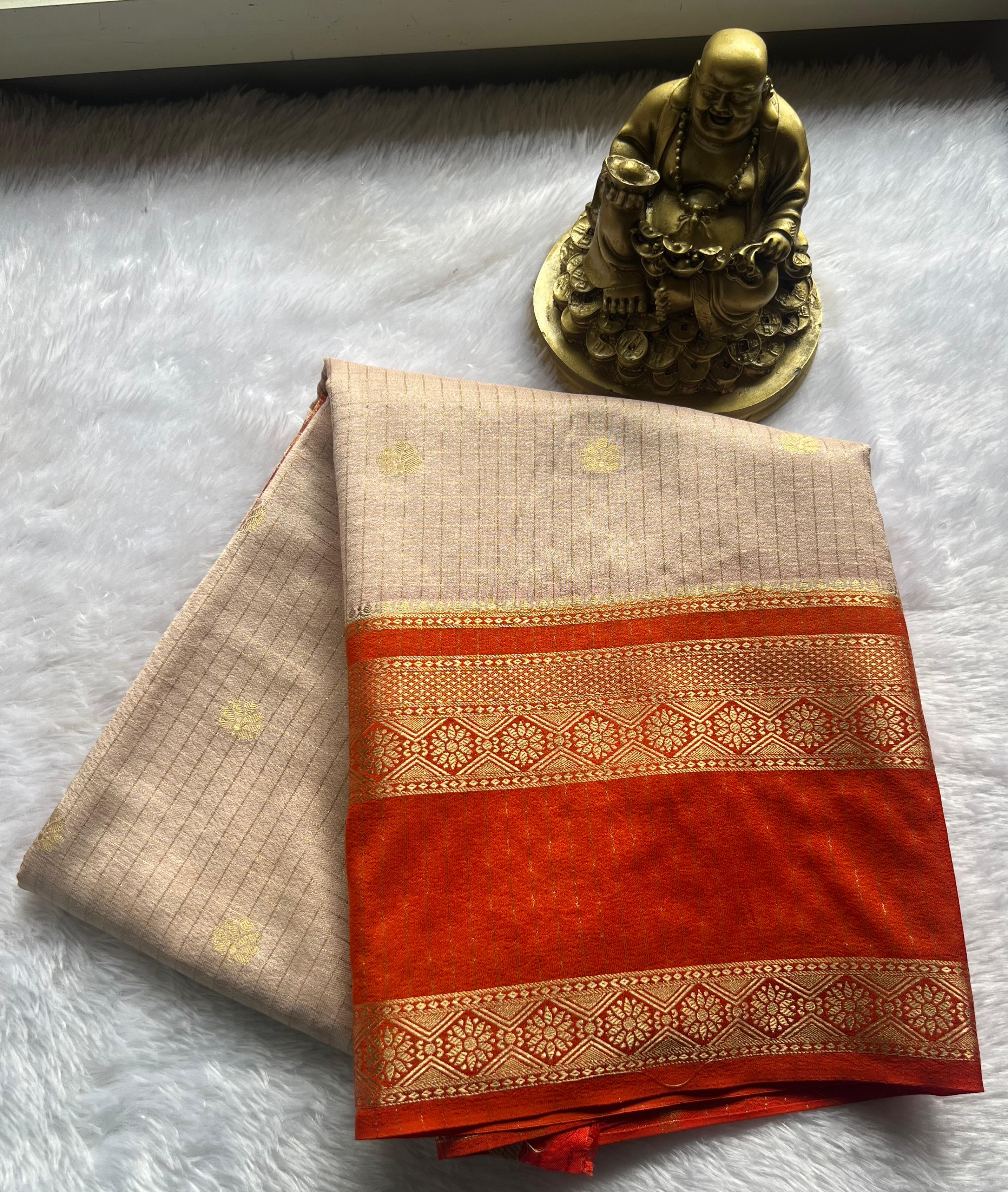 Semi Mysore Silk Small Checks Small Butta With Betex Border, Washable