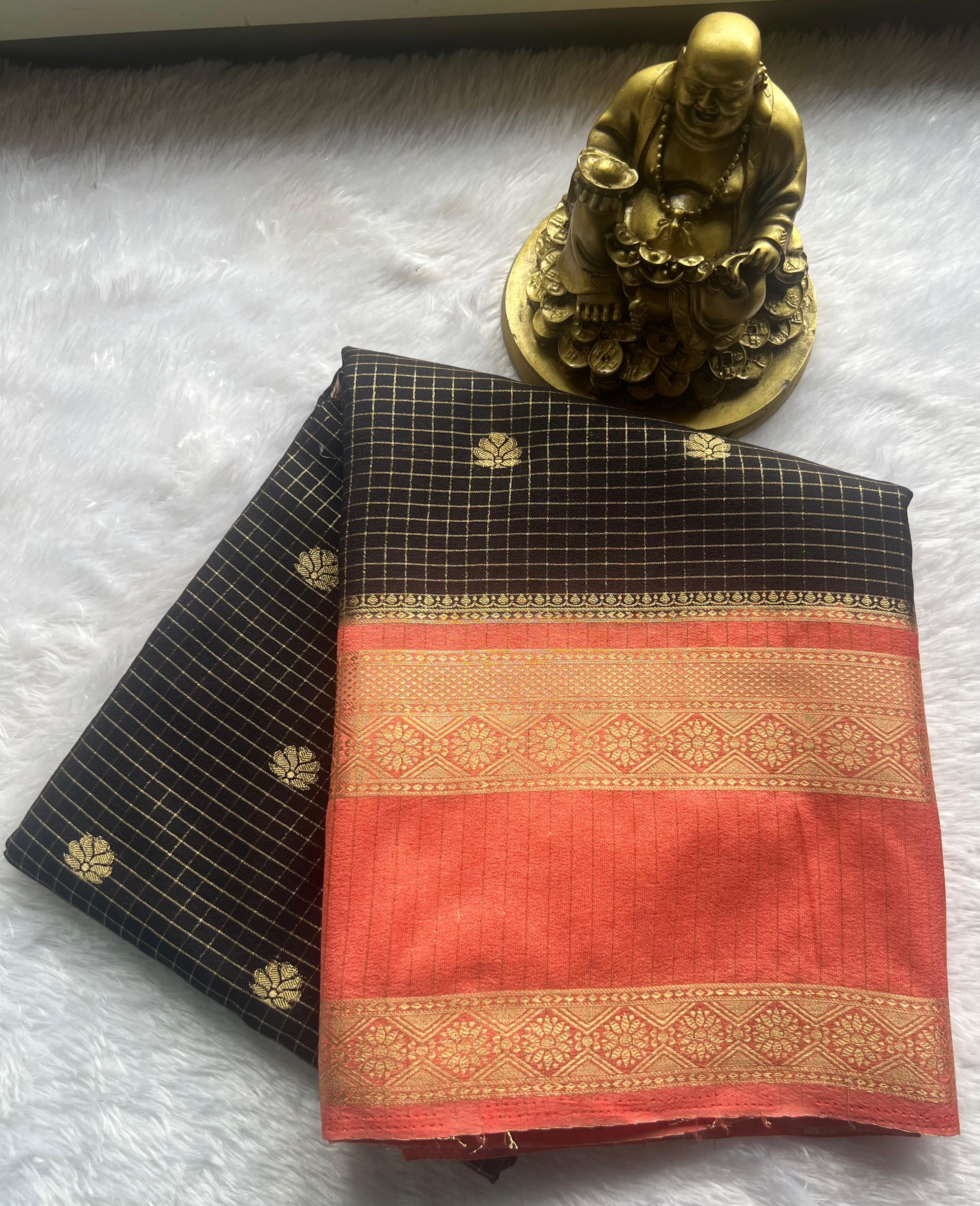 Semi Mysore Silk Small Checks Small Butta With Betex Border, Washable
