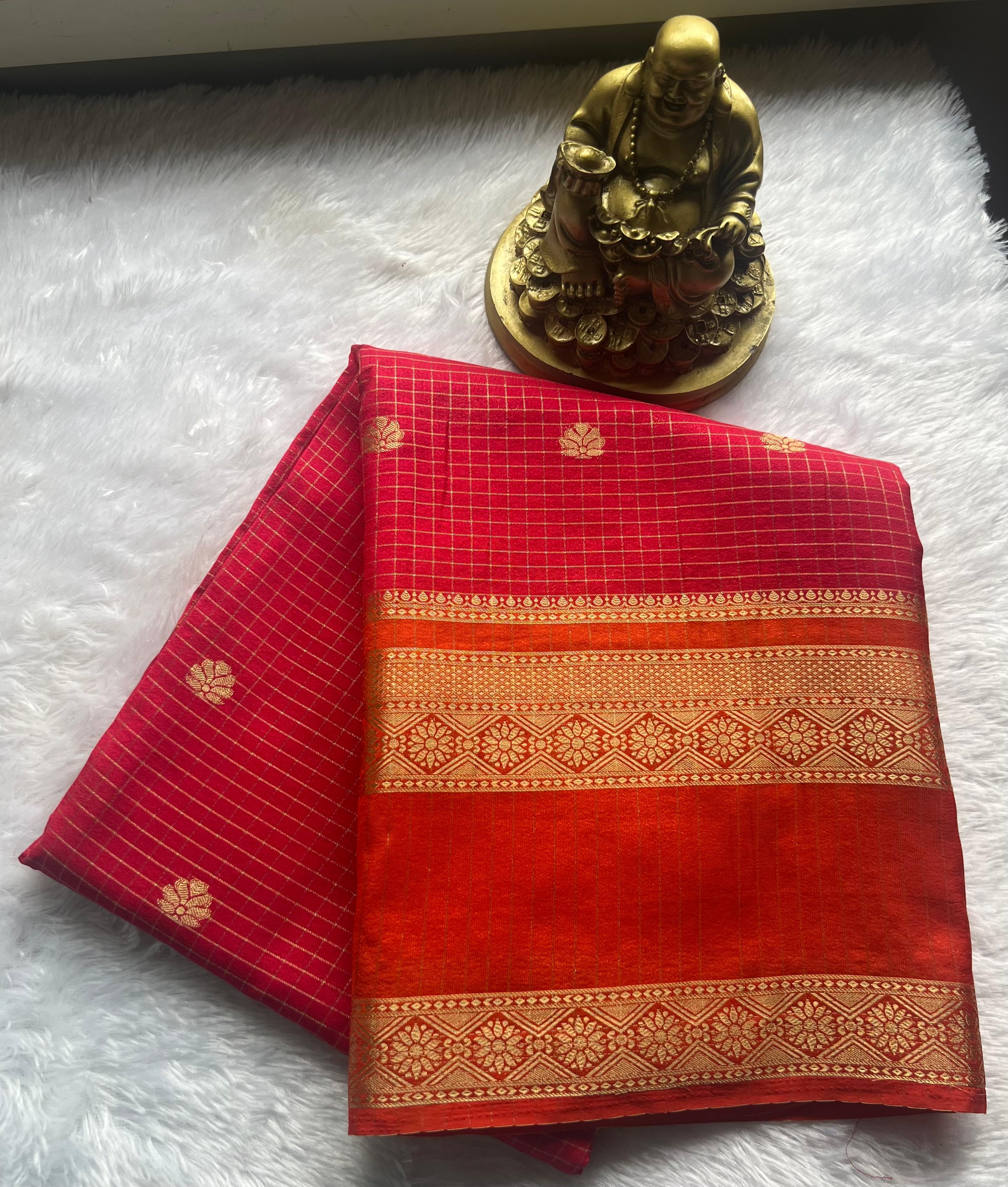Semi Mysore Silk Small Checks Small Butta With Betex Border, Washable