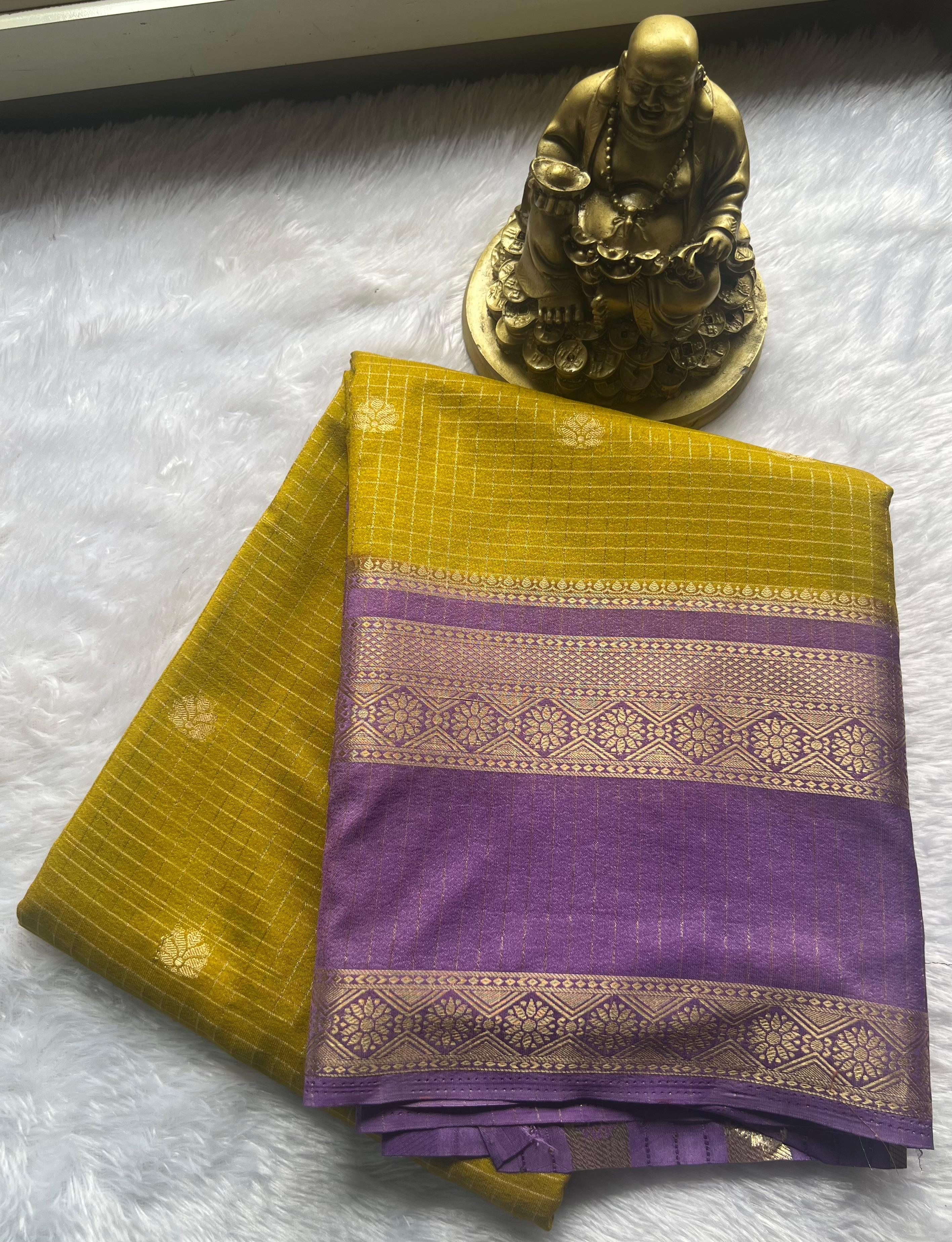 Semi Mysore Silk Small Checks Small Butta With Betex Border, Washable