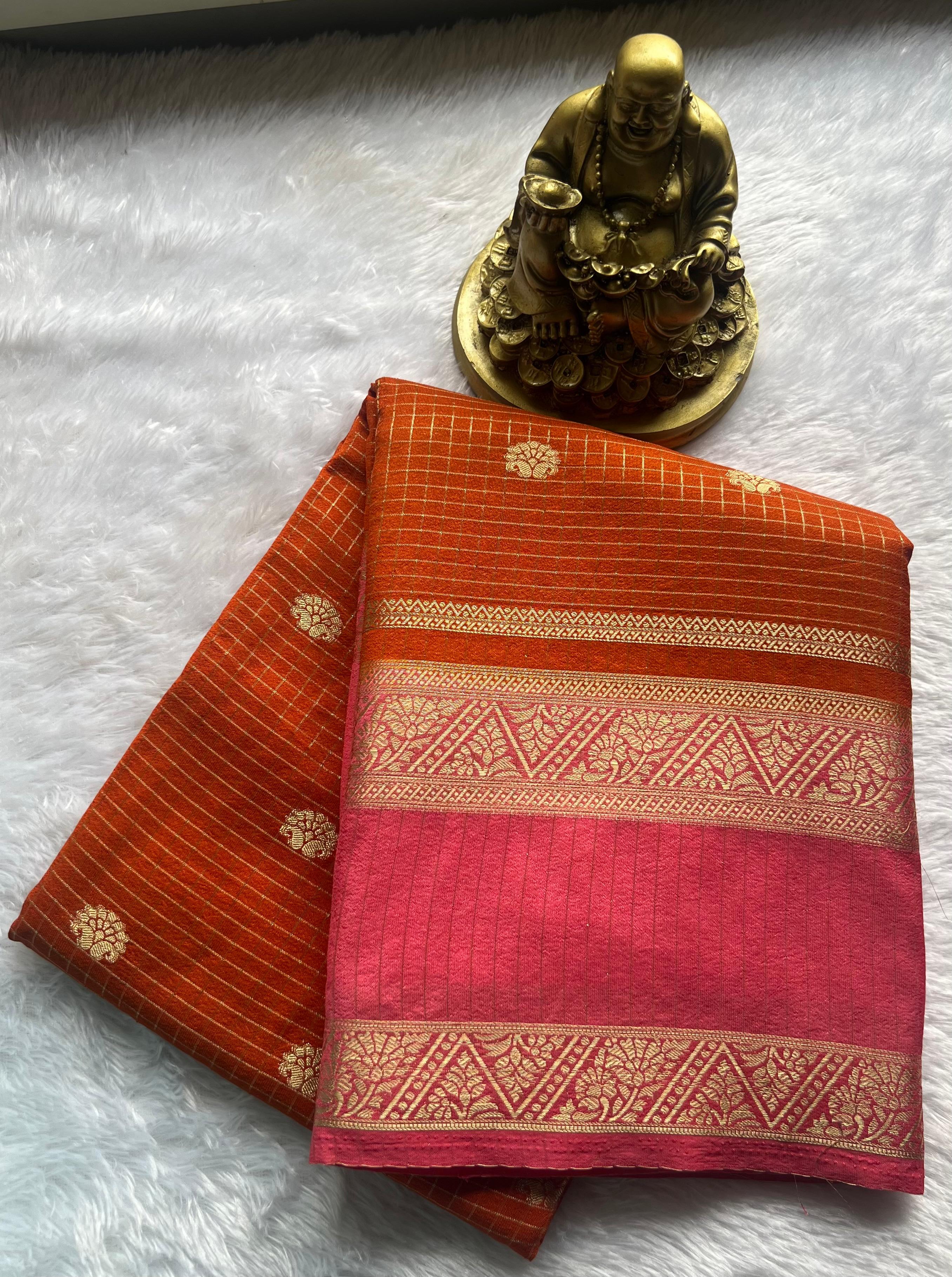 Semi Mysore Silk Small Checks Small Butta With Betex Border, Washable