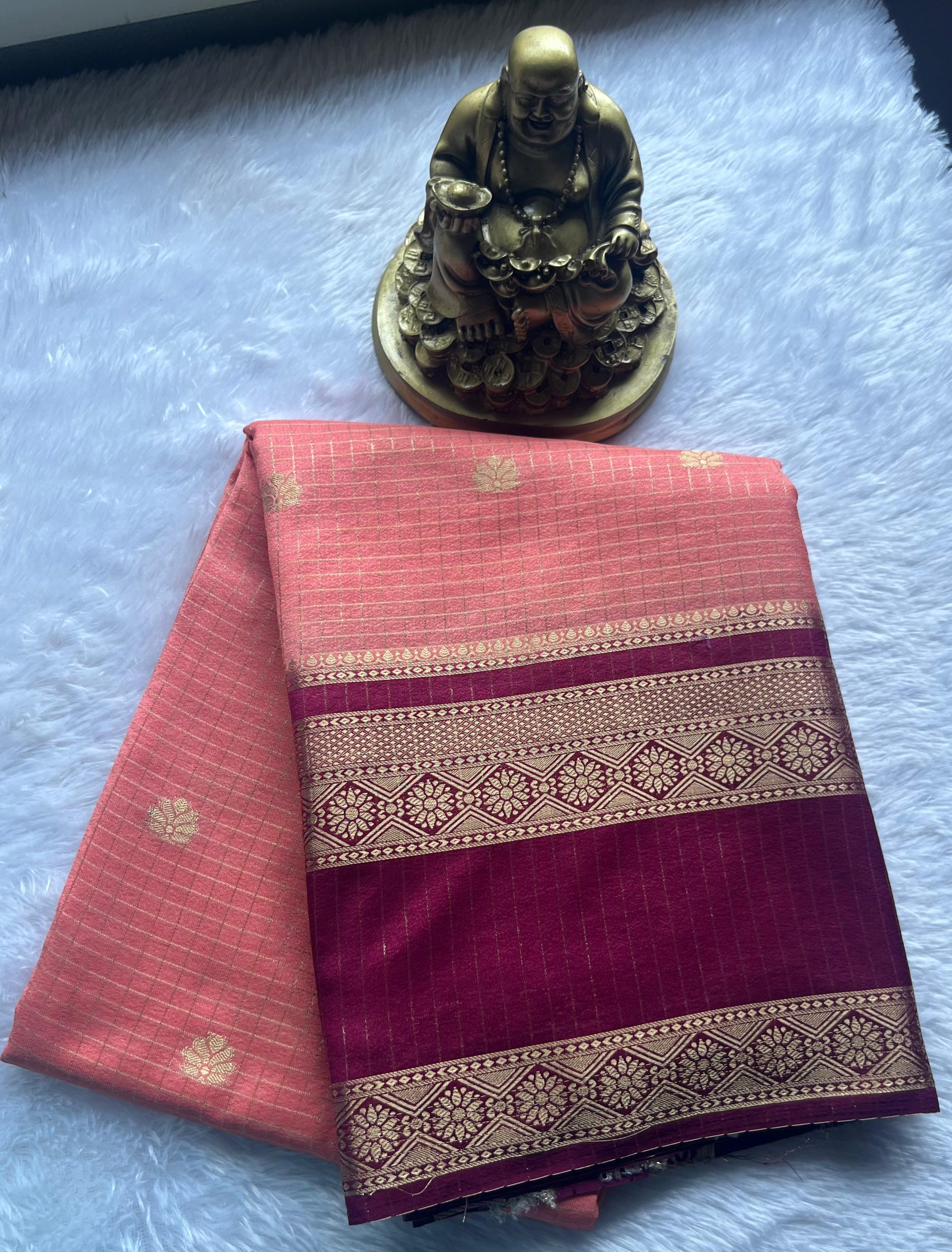 Semi Mysore Silk Small Checks Small Butta With Betex Border, Washable
