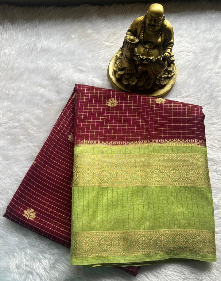 Semi Mysore Silk Small Checks Small Butta With Betex Border, Washable