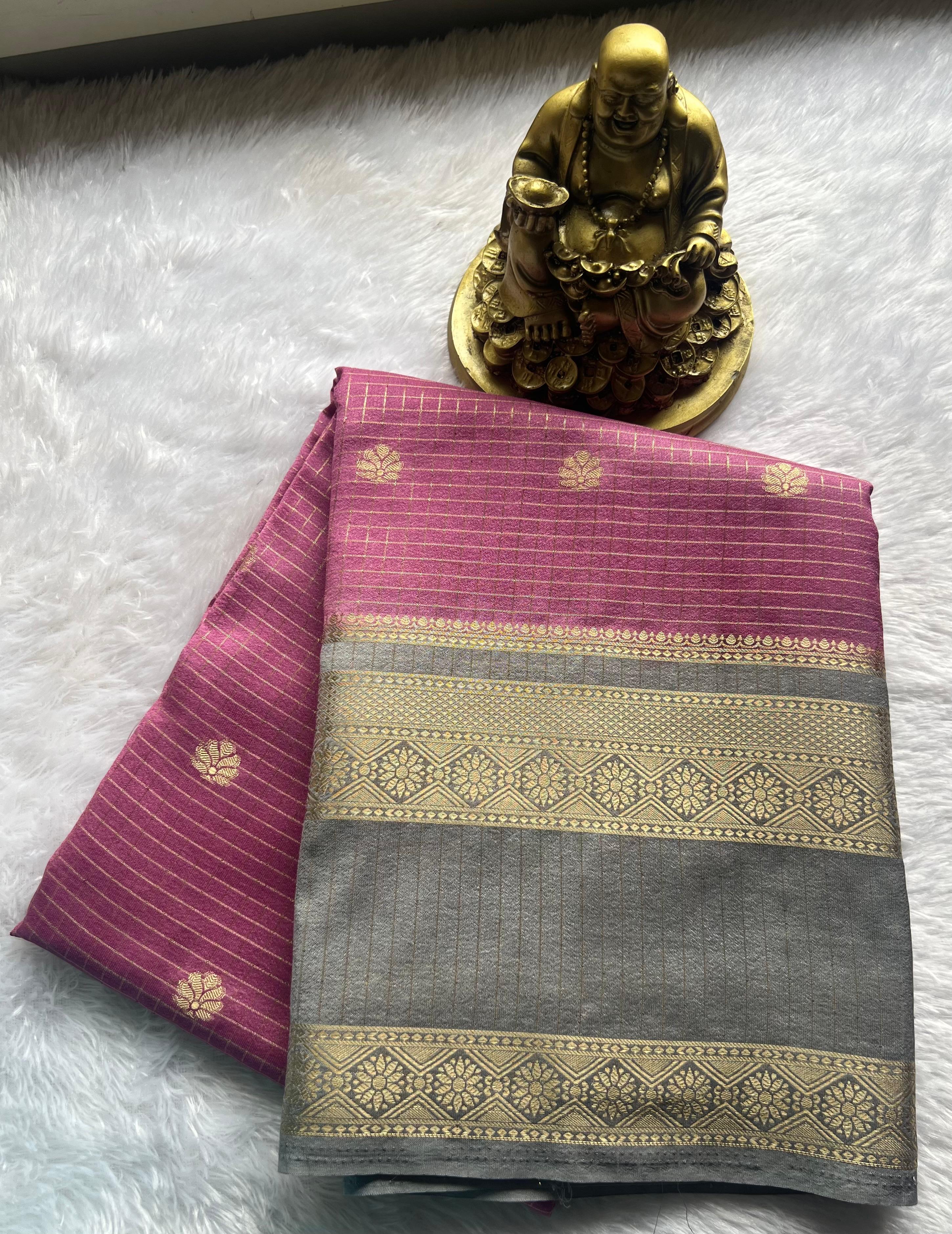 Semi Mysore Silk Small Checks Small Butta With Betex Border, Washable