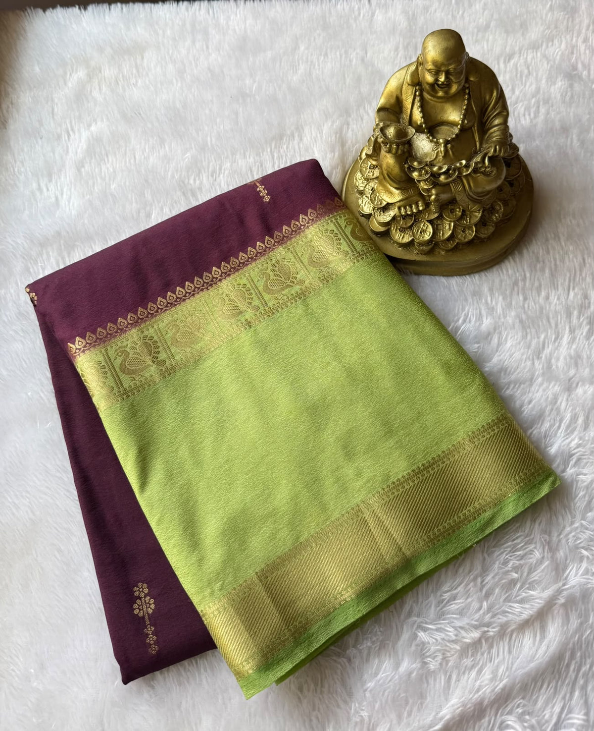 Semi Mysore Silk Small Flower Butta With Peacock Border, Washable