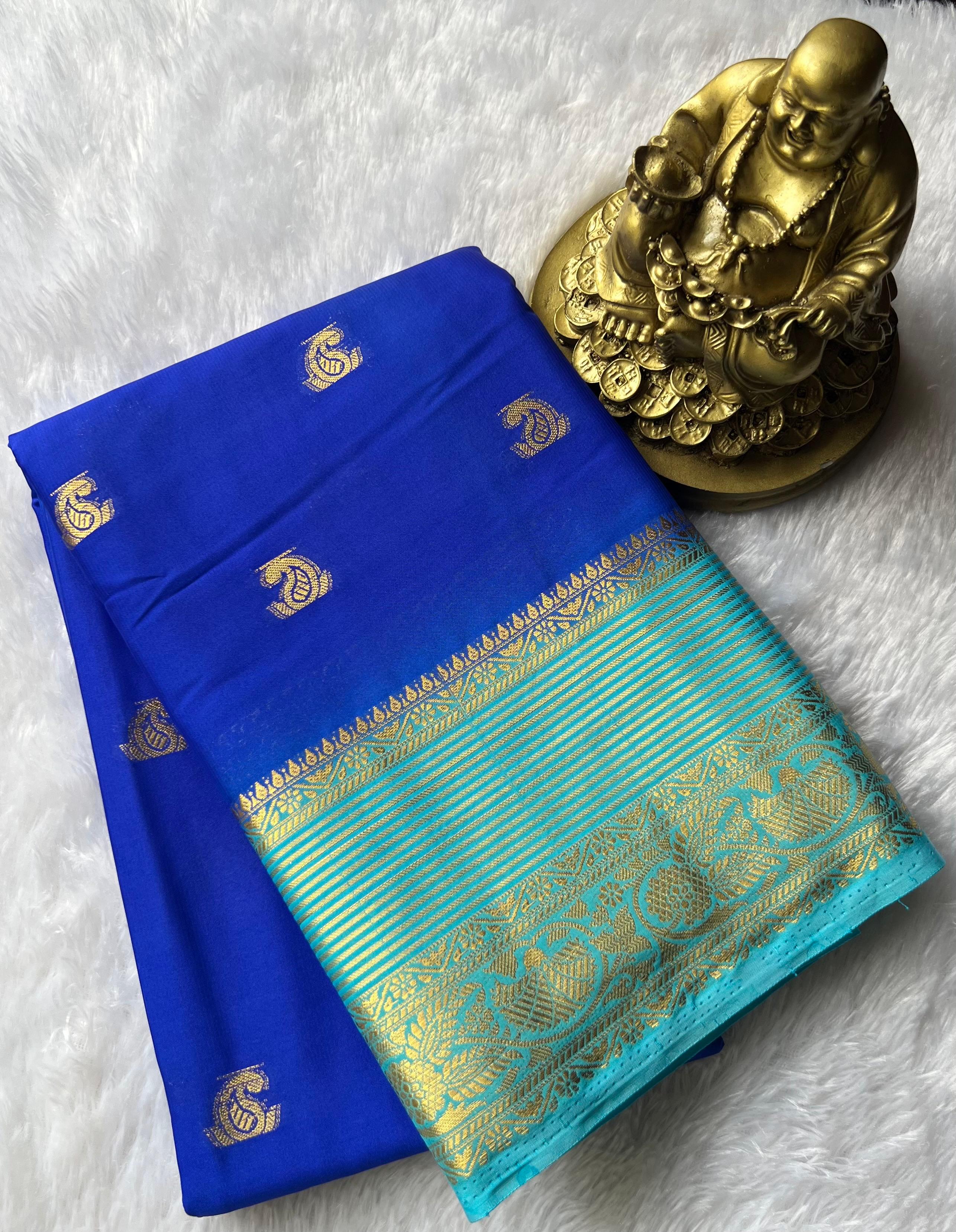 Semi Mysore Slik Small Mango Butta With Gold Zari Strip Border