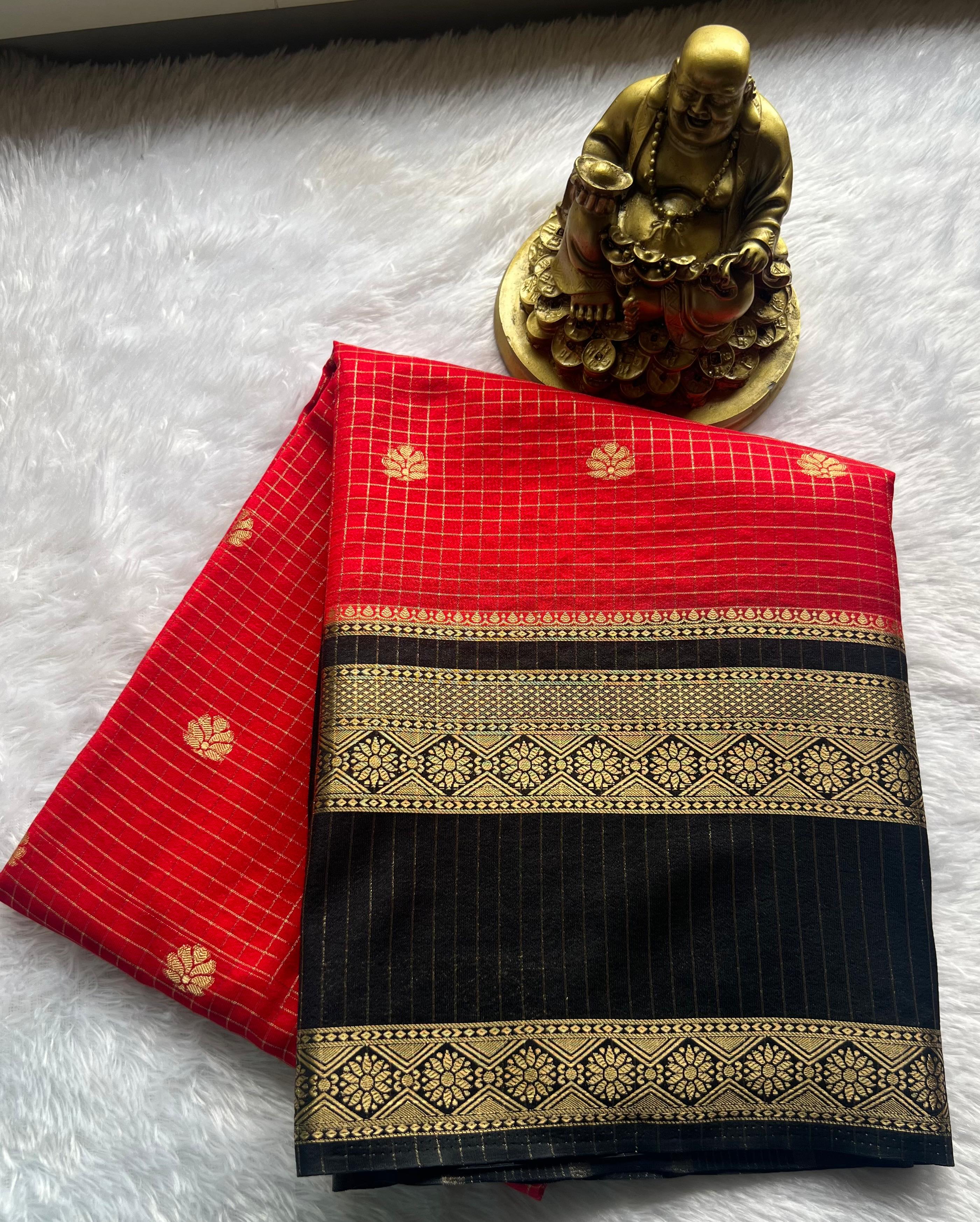 Semi Mysore Silk Small Checks Small Butta With Betex Border, Washable