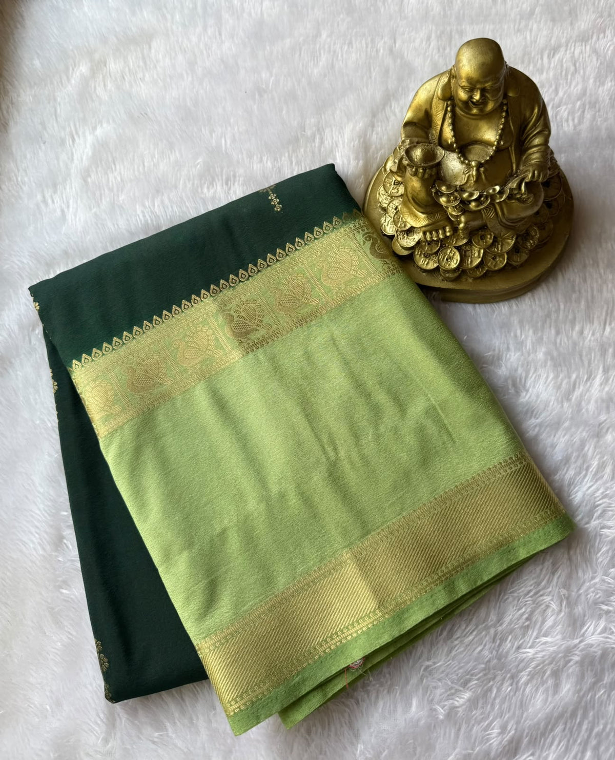 Semi Mysore Silk Small Flower Butta With Peacock Border, Washable