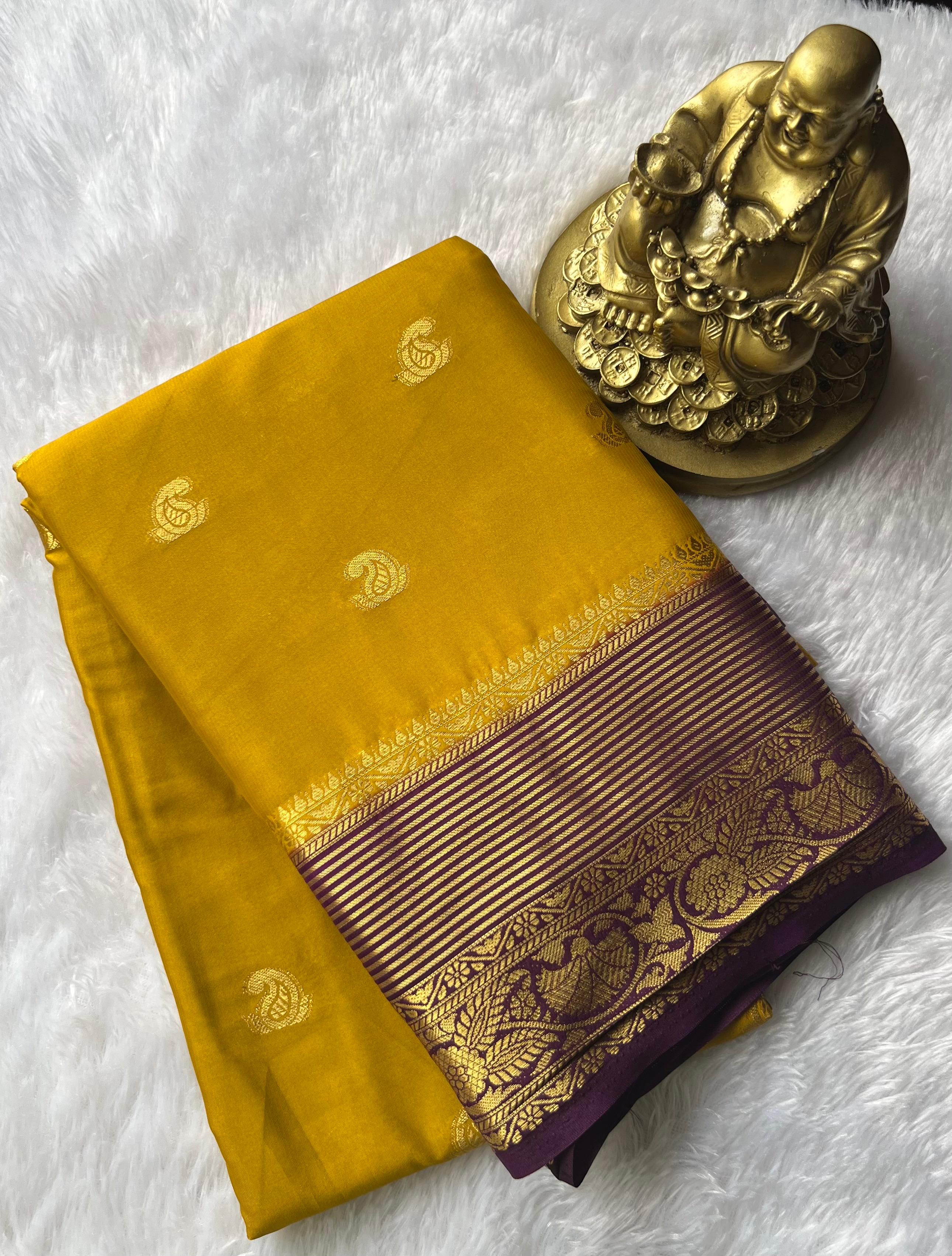 Semi Mysore Slik Small Mango Butta With Gold Zari Strip Border