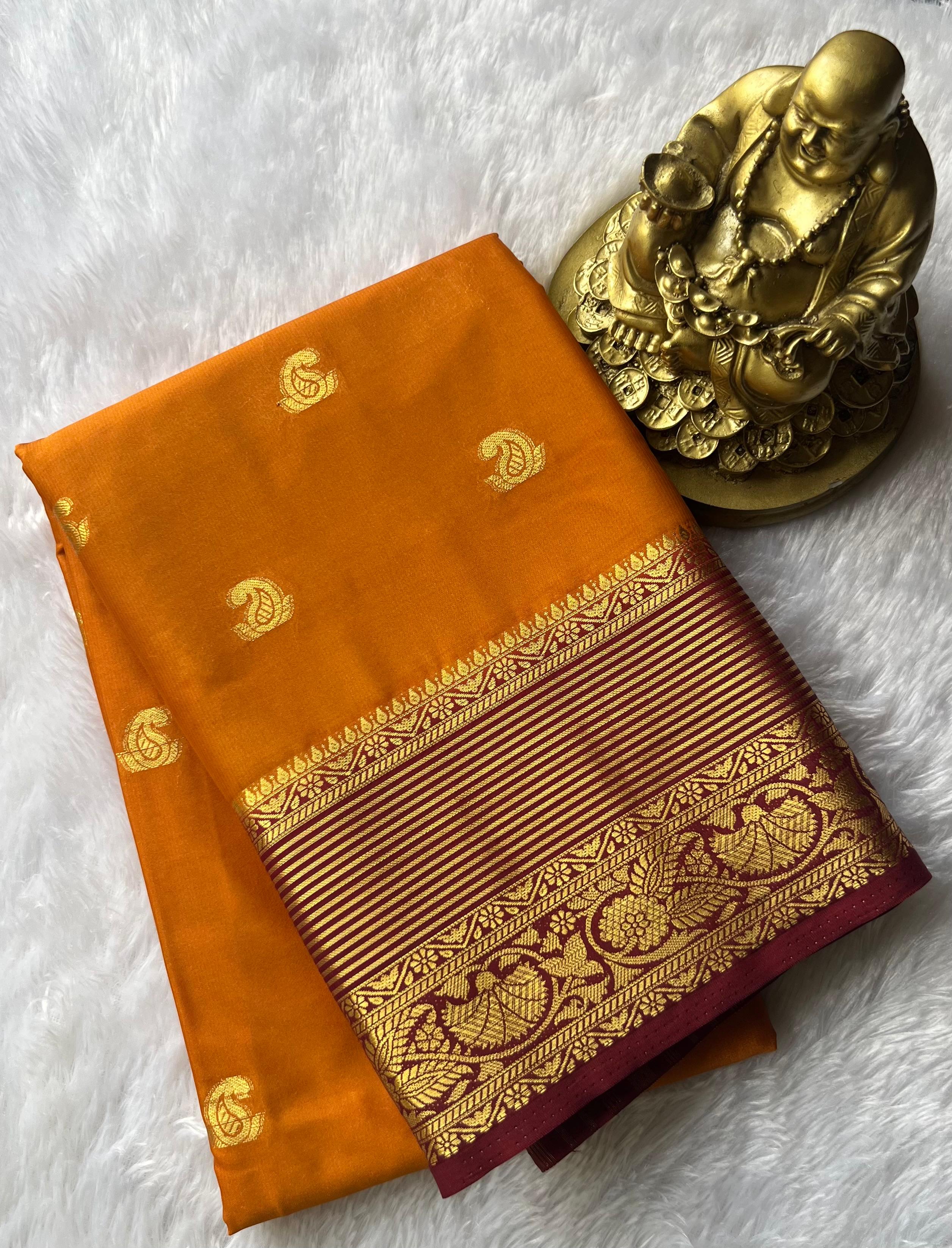 Semi Mysore Slik Small Mango Butta With Gold Zari Strip Border